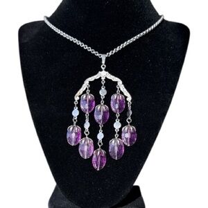 Sarah Coventry 70s Wisteria Silver Tone Necklace Waterfall Pendant Violet Beads